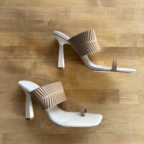 Deltan Kelsea White Tan Leather Braided Slip On Heeled Summer Sandals Size 8.5M - Picture 3 of 11